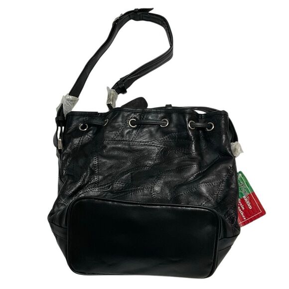 Maxam Lambskin Patchwork Mosaic Drawstring Bag, Black NWT Vintage - Picture 10 of 16